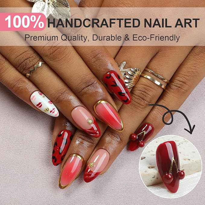 Handmade Press On Nails Almond, Valentine’s Day Press On Nails Luxury French Tips Fake Nails Short, 3D Cherry & Hickey Design, Salon-Quality Reusable, Fall/Winter Gift for Women, 10pcs