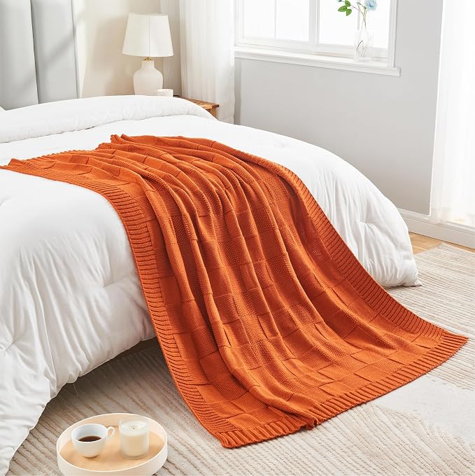 CozeCube Rust Orange Knitted Checkered Throw Blanket 60"X80" | Check Knit Throw for Couch, Decorative Christmas Soft Cozy Warm Blanket for Bed Sofa Living Room