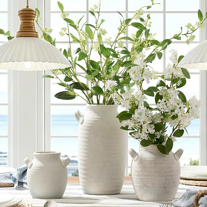 Large Flower Vase Home Decor - Tall Ceramic Farmhouse Table Vases with Handle Living Room Decoration Decorative Rustic Pottery for Floor Kitchen Shelf Coffee Dining Desk Fireplace (12" Rustic)