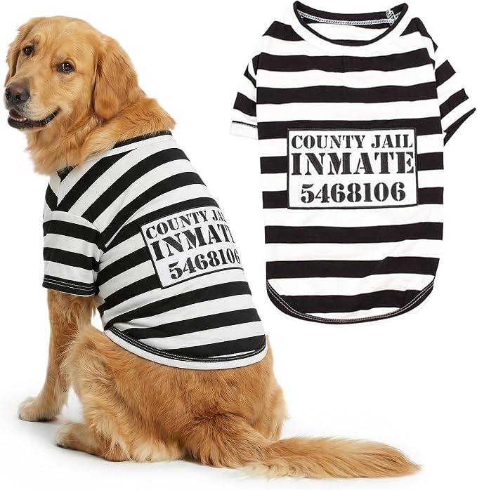 Parisian Pet Prisoner Dog Costume - 100% Cotton Striped Dog Clothes for Large Dogs - Lightweight Puppy Outfits - Funny French Bulldog Clothes - Sleeved Shirt for Dogs - Stretchy Pet Costume