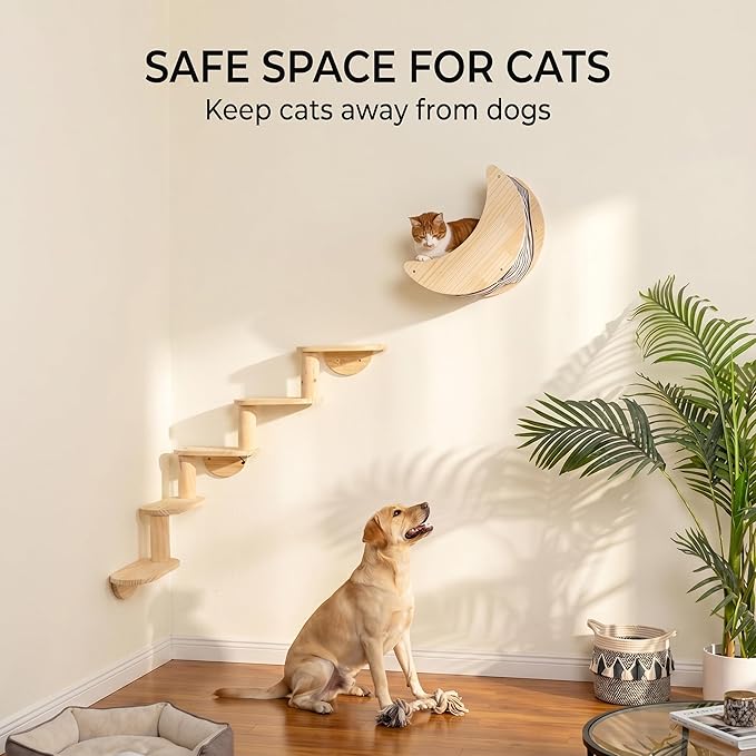 Cat Wall Shelves, Solid Wood Moon Bed, 5-Step Stairs for Vertical Climbing | 2-in-1 Wall-Mounted Cat Furniture;Wall & Corner Setup;16-Inch Stud Wall;Hold Up to 40 lb;Vertical Territory & Active Exercise