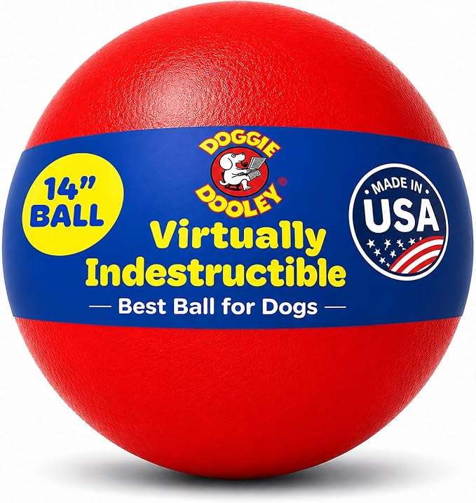 Doggie Dooley Virtually Indestructible Dog Ball - 14 Inch Hard Plastic Interactive Dog Toy for Large Breeds Over 75+ lbs - Built for Herding & Push Play - Floats in Water, Made in USA - Red