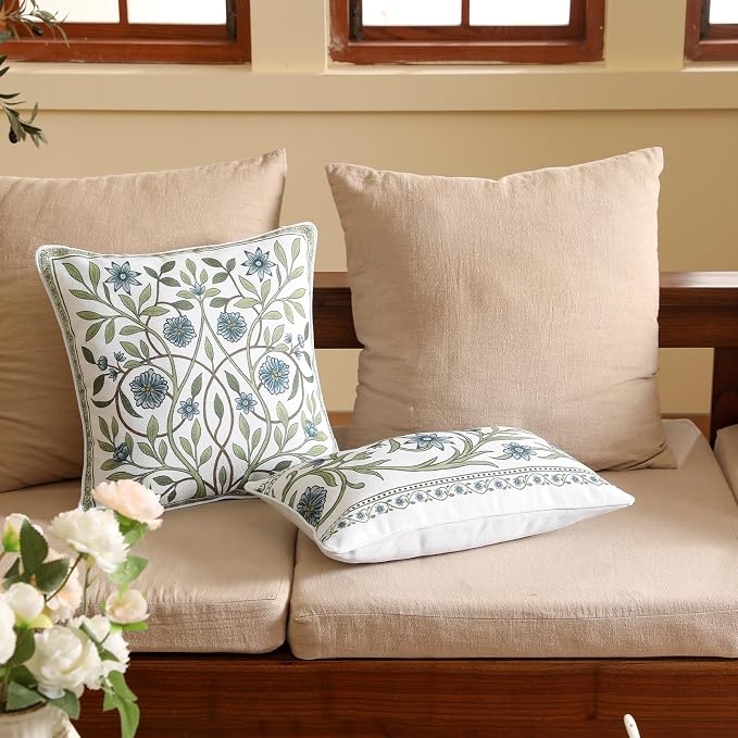 Designer Linen Throw Pillow Cover,Set of 2,18"x18"-Mosella A | Vintage Elegant Square Decor Pillow Cover,Concealed Zipper Design,Floral Pattern,Sofa,Bedroom,Living Room,Lounge Chairs