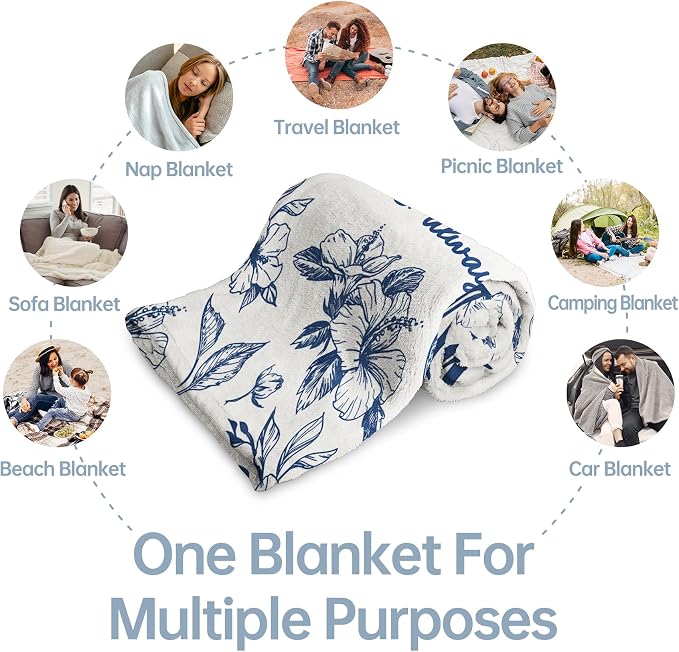 Gifts for Mom, Mom Birthday Gifts from Daughter Son, To My Mom Blanket | I Love You Mom Gifts for Birthday, Christmas, Mothers Day, Blanket for Mom with Hibiscus Flowers Print, 80" x 60", Blue
