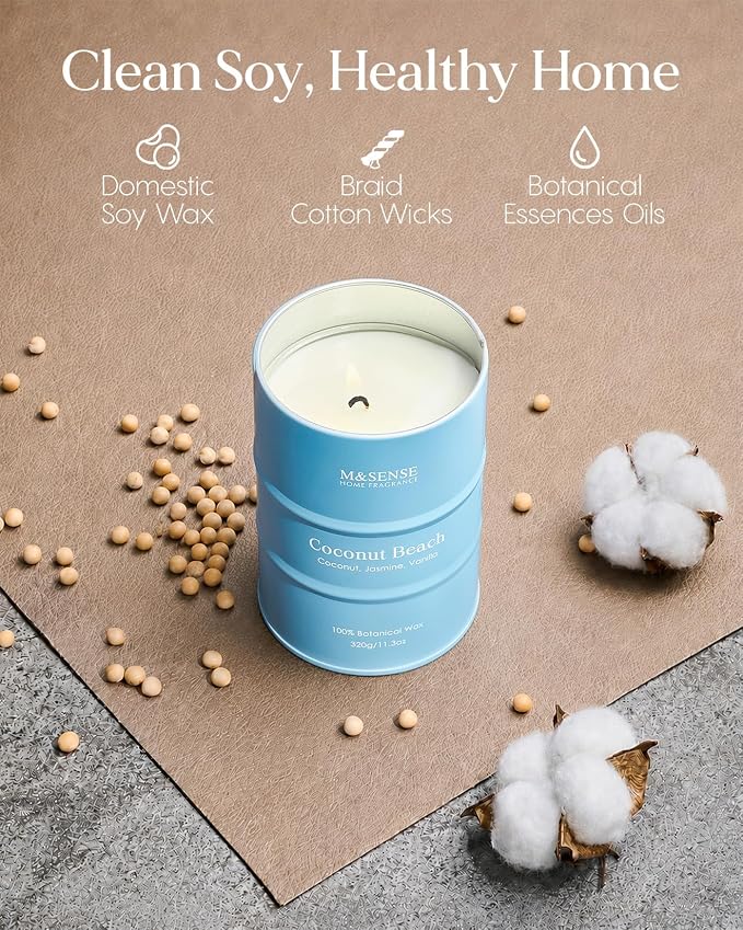 M&SENSE Coconut Beach Scented Candles Beach Soy Candle, Summer Candle for Stress Relief Meditation Relaxing, Housewarming Gifts for Women Men, 11.3oz 70 Hour Long Burning