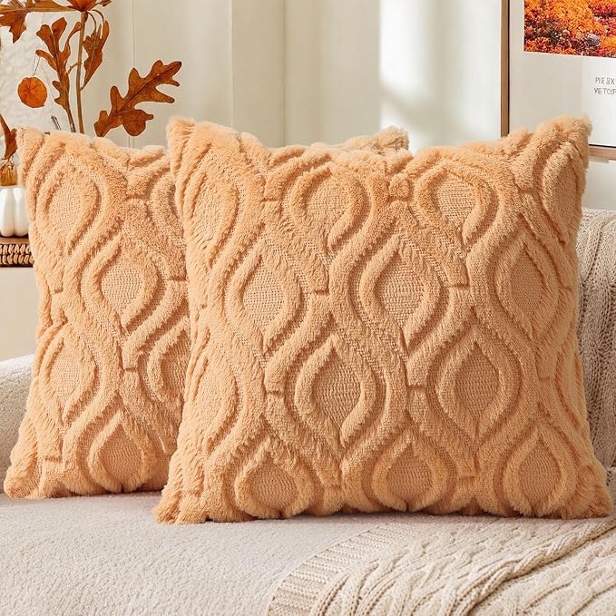 decorUhome Faux Fur Plush Light Orange Throw Pillow Covers 22x22 Set of 2 | Plush Solid Fall Couch Pillow Covers, Accent Modern Farmhouse Neutral Decorative Square Pillow Cases for Sofa Bed Living Room