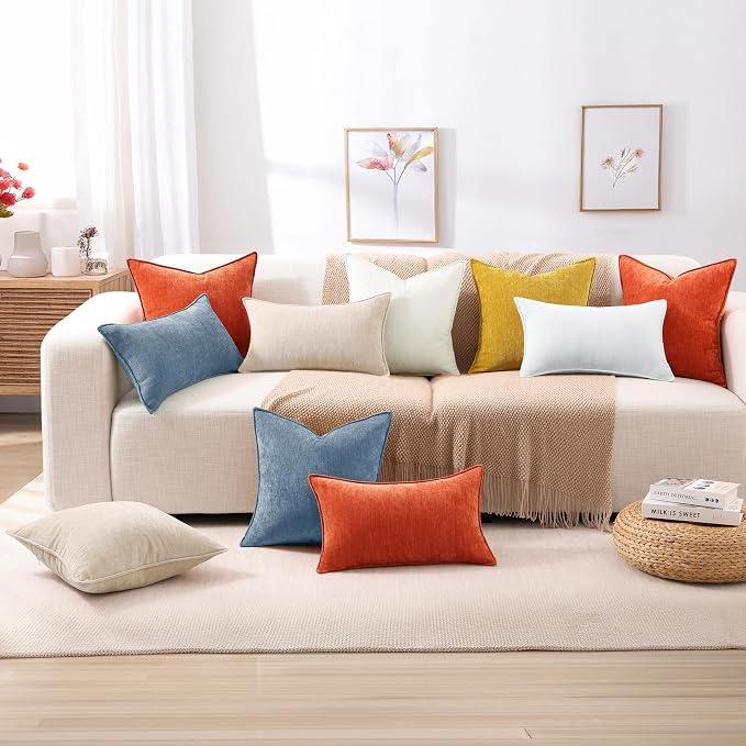 decorUhome Chenille Blue Grey Velvet Throw Pillow Covers 20x20 Set of 2 | Fall Soft Couch Decorative Modern Farmhouse Pillow Cases with Elegant Design for Sofa Bed Living Room Home Decor