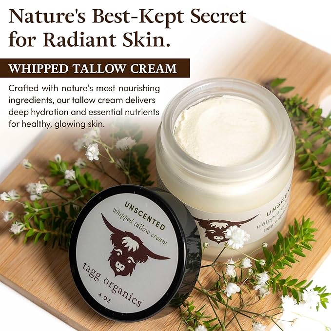 Whipped Tallow Cream for Skin - 100% Organic & Chemical-Free - Deep, Long-Lasting Hydration & Nourishment for Dry & Sensitive Skin (Unscented 4oz)