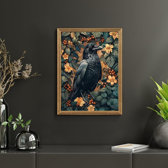 ICHZUMW Framed William Morris Raven Dark Academia Canvas Wall Art 12x16 In | Gothic Dark Cottagecore Crow Painting, Moody Floral Wall Decor for Bedroom Living Room Bathroom Office, Ready to Hang