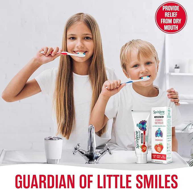 SprinJene Natural Children’s Toothpaste – Fluoride Free Strawberry Toothpaste for Toddlers & Kids – Gentle Safe Natural Formula with Patented Black Seed Oil & Zinc – Made in The USA (4 Pack)