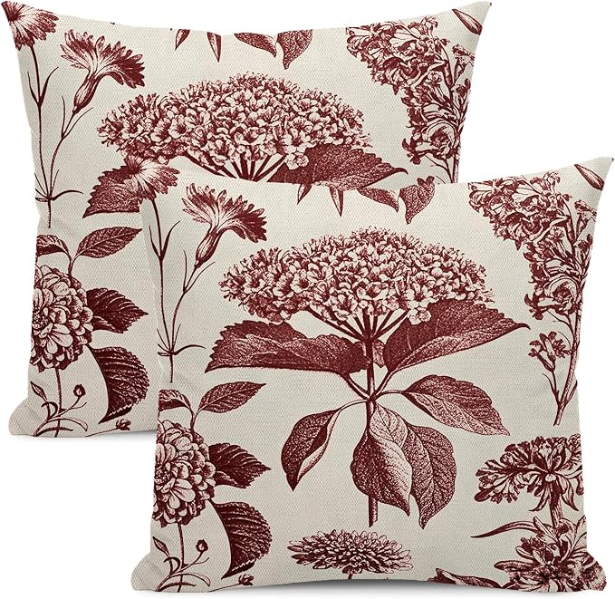 Floral Pillow Covers 24x24 Set of 2 Vintage Burgundy Red Hydrangea Herb Botanical Throw Pillow Cover Outdoor Decoration Boho Flower Pillowcase Farmhouse Decorative Cushion Case for Home Sofa