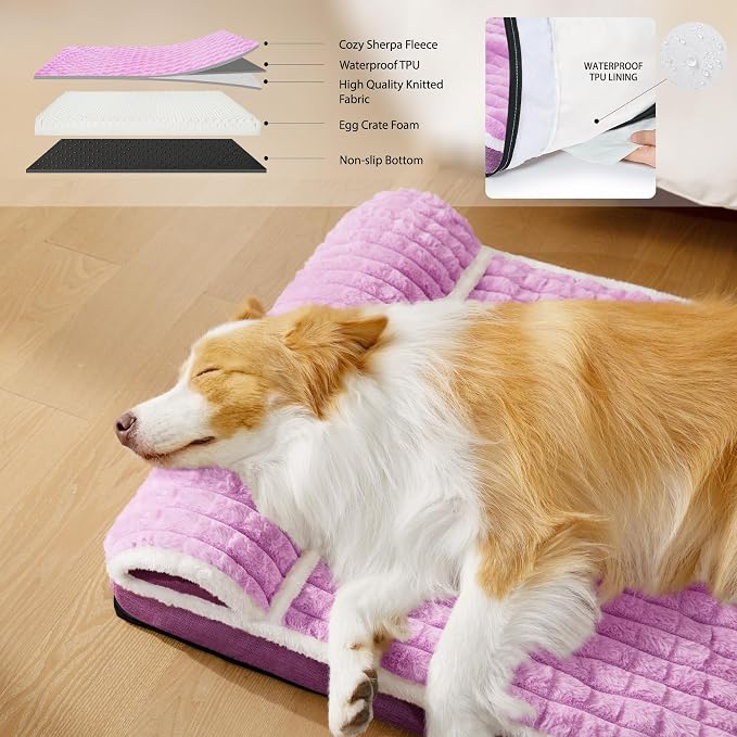 Orthopedic Medium Dog Bed Pillow Pet Sofa Bed 30''X20'' Lilac | Egg-Crate Foam Pet Couch Medium Size Dog, Waterproof Removable Washable Cover,Furry Puppy Crate Mat With Nonskid Bottom
