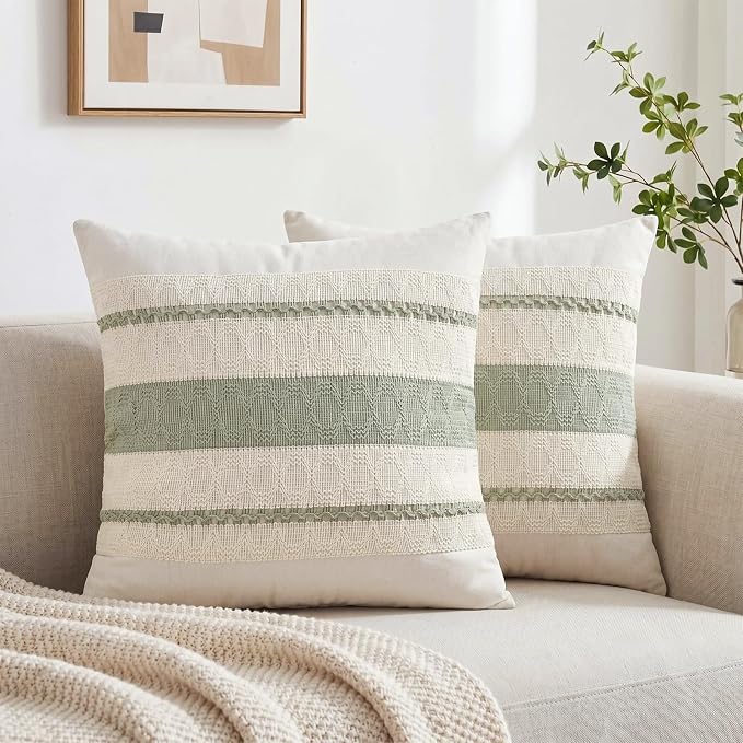 Fancy Homi Set of 2 Sage Green Boho Decorative Throw Pillow Covers 20x20 Inch for Living Room Bedroom Couch Bed Indoors, Rustic Retro Cushion Case, Bohemian Room Home Decor