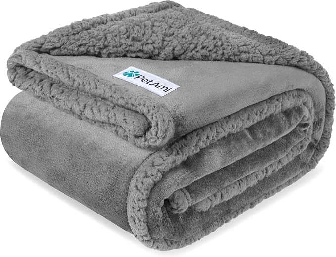 PetAmi Waterproof Dog Blanket for Large Dog Pet, 90x90 Queen, Light Grey | 460 GSM Sherpa Fleece Reversible, Pee Proof Cat Blanket, Furniture Protector Cover for Bed Sofa Kennel, Washable, Queen Size