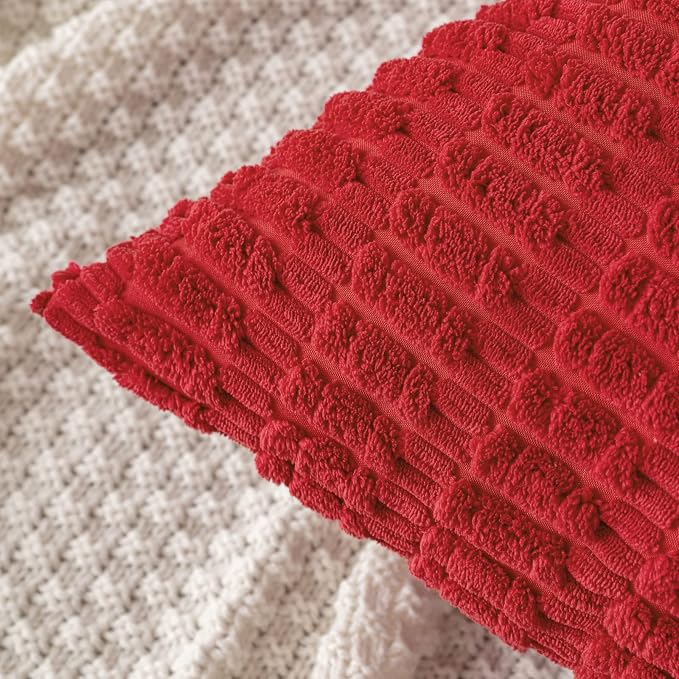 MIULEE Euro Sham Corduroy Decorative Throw Pillow Covers 22x22 Red Set of 2 | Soft Boho Striped Pillow Covers Modern Farmhouse Home Decor For Sofa Living Room Couch Bed