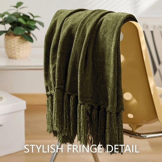 Chenille Throw Blanket for Couch 60" x 80" Twin, Olive Green | Soft Cozy Throws with Fringe Tassel, for Living Room Bed Sofa Chair Cover, Lightweight Knitted Boho Blankets Christmas Decor