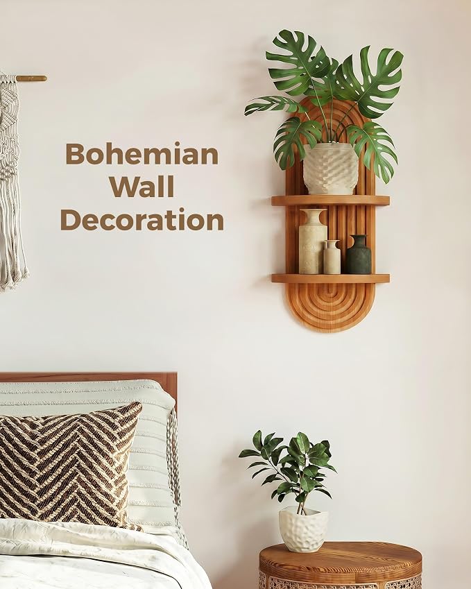 Bamworld Boho Wall Decor Brown Plant Wall Shelf Mid Century Modern Decor Hanging Plant Shelf 22in 2 Tier Wooden Floating Shelves Brown | Mid Century Modern Decor Hanging Plant Shelf Wooden Floating Shelves for Home Bedroom Living Room Holding Planter D...