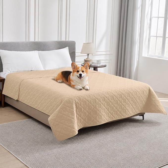 PAWFINITY Waterproof Bed Cover for Dogs, Pet Blanket for Mattress Washable | Paw Print Quilted, Hair Resistant, Anti Cat Scratch, Pee Proof Furniture Protector for Cal King Bed, 82x102 Inch, Beige