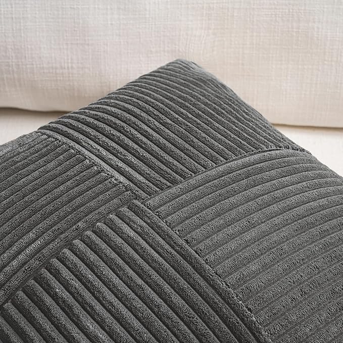 Fancy Homi Dark Gray Euro Decorative Throw Pillow Covers 26x26 Inch for Living Room Couch Bed Sofa, Rustic Farmhouse Boho Home Decor, Soft Corss Corduroy Patchwork Textured Square Cushion Case 66x66cm