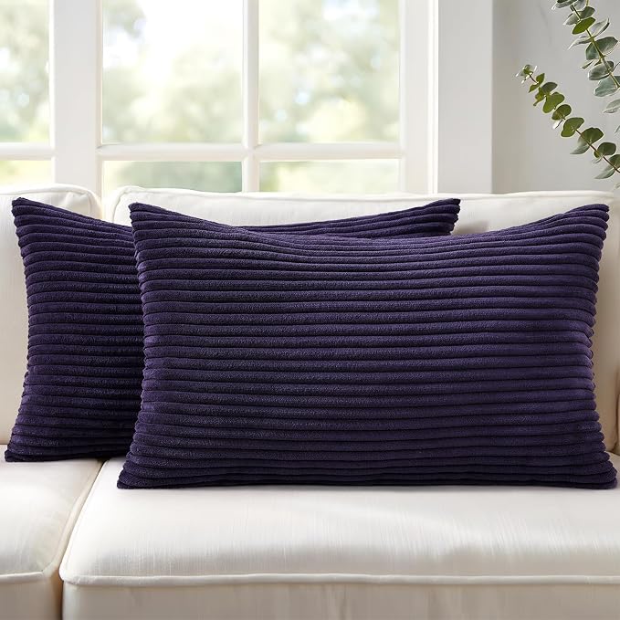 Mecatny Corduroy Decorative Throw Pillow Covers 12x20 Set of 2 Dusty Purple | Soft Striped Texture, Hidden Zipper Design, Neutral Boho Lumbar Pillow Cases for Sofa Couch Living Room Bedroom, Home Décor