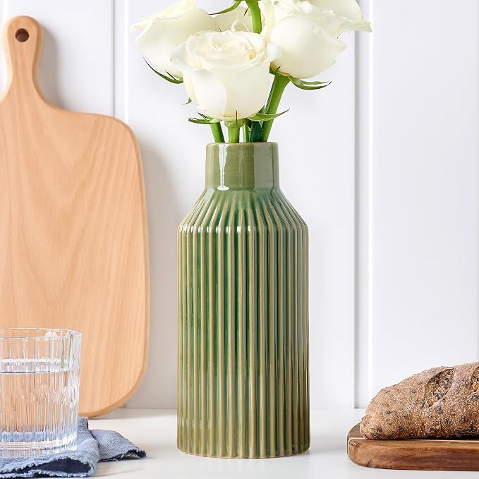 STHIE 8 Inches Ceramic Flower Vase, Green Vases for Centerpieces | Flambé Reactive Glaze,Minimalist Modern Home Decor, Pampas Grass Vase for Table, Fireplace, Shelf, Mantel, Entryway