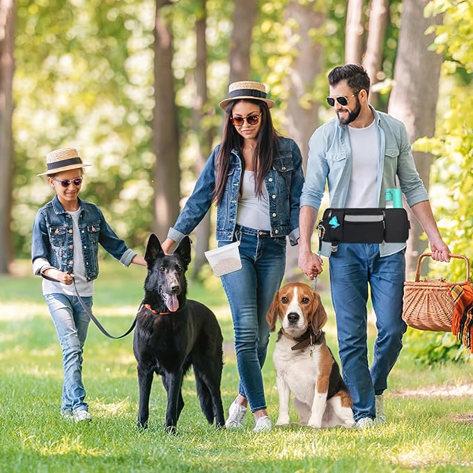 Dog Treat Pouch for Leash Waist Belt Bag, Premium Dog Treat Bag for Dogs Training Puppy Walking Fanny Pack with Divider Zipper Carrier Pocket, Water Bottle Holder, Silicone Insert,Clip,Black