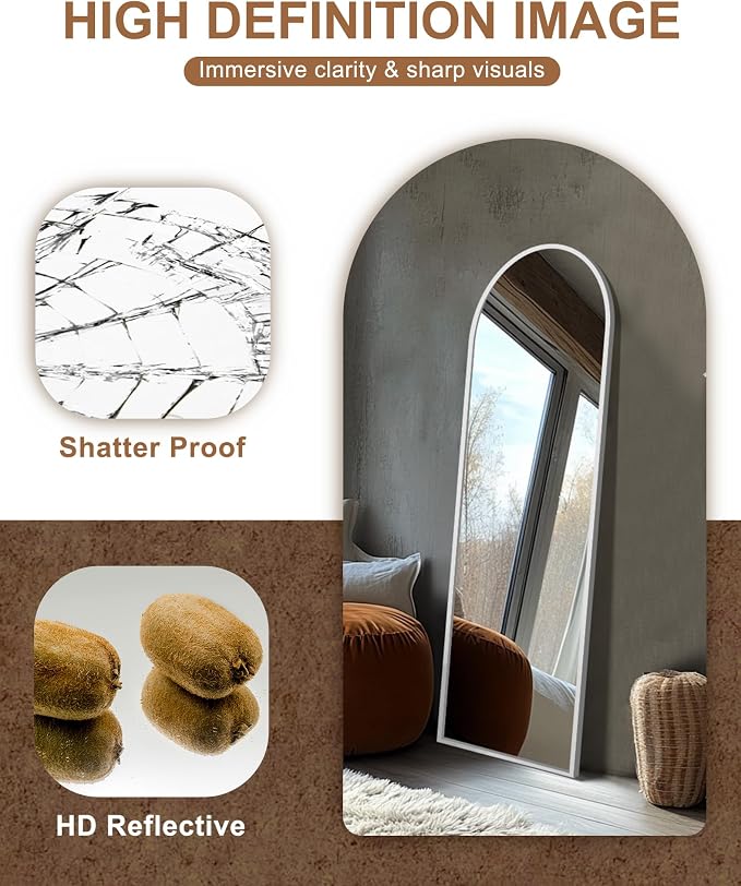 Arched Full Length Mirror with Stand, 56x15 Silver Floor Mirror | Aluminium alloy frame with HD float glass for distortion-free reflection. Free standing or wall mounted.