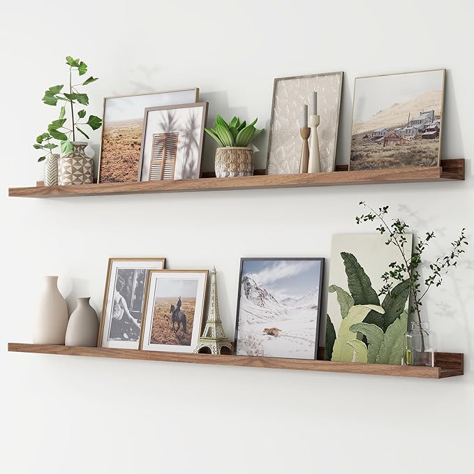 Picture Ledge Shelf, Long Floating Shelves for Wall, 56" W Set of 2, Walnut | FSC Certified Engineered Wood, Wall Mounted Bookshelf, for Nursery Living Room Bedroom, Easy Install