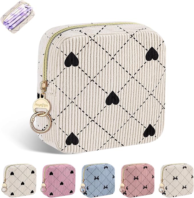 Period Bag for Teen Girls, Corduroy Hearts Sanitary Napkin Storage Bag, Cute Menstrual Pad Pouch Tampon Holder for Purse (Hearts-Beige)