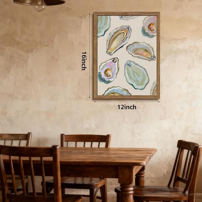 Framed Oyster Shell Canvas Wall Art, Colorful Abstract Wall Art Print, Coastal Beach House Wall Decor, Summer Dining Room Picture Poster, Modern Kitchen Oyster Oil Painting Artwork 12x16 inch