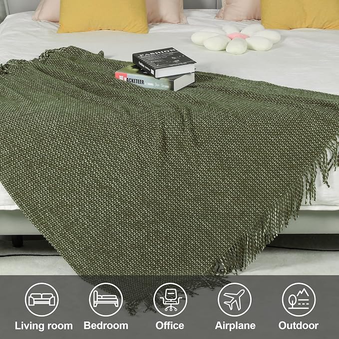 Blagic Wheat Textured Knit Throw Blanket for Couch,Green and White,50"x60" | Soft Farmhouse Boho Throw Blanket with Tassels,Decorative for Living Room,Gifts for Adults,All Season Use