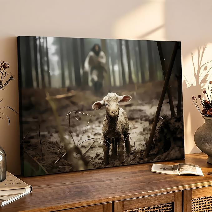 Framed Jesus Christ Wall Art Canvas Jesus and Lamb of God Christian Painting Prints Biblical Wall Decor Religious Room Decor for Church Prayer Room Christian Schools Hospitals 16" x 24"