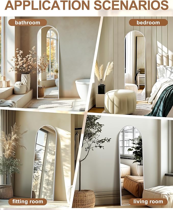 Arched Full Length Mirror with Stand, 56x15 Silver Floor Mirror | Aluminium alloy frame with HD float glass for distortion-free reflection. Free standing or wall mounted.