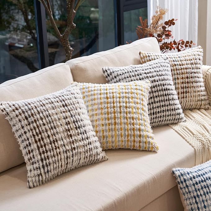 Aeckself Boho Chenille Tufted Pillow Cover 20 x 20 Inch, Decorative Square Throw Pillow Cover Neutral Pillowcase for Couch Bedroom Living Room, Brown White