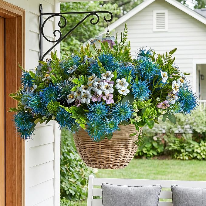 RM ROOMERS Artificial Flowers Plants for Outdoors, Fake Flowers Blue | Sea Holly UV Resistant Faux Flower for Garden Porch Windowbox Front Door Yard, No Fade Home Vase Decor (4 Bundles/24 stems)