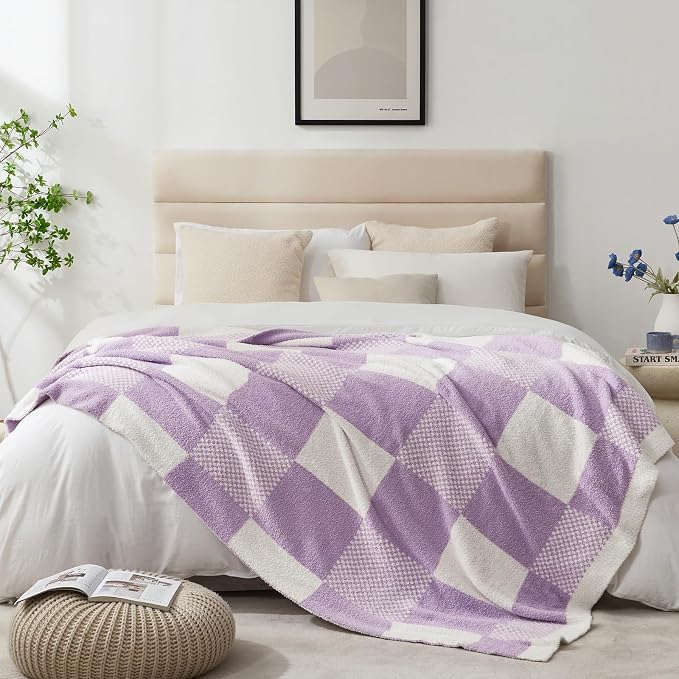 Snuggle Sac Checkered Blanket, Lilac Purple Throw Blanket for Couch Plaid Microfiber Fluffy Warm Cozy Fuzzy Soft Throw Blanket Reversible Checkered Blankets for Sofa, Bed, 60x80 inches