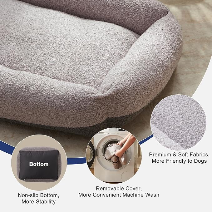 FURTIME Washable Dog Bed Large Sized Dogs, Comfy Fluffy Large Dog Bed | Removable Zipper Cover Machine Wash, Soft Orthopedic Bed Durable Pet Cuddler with Anti-Slip Bottom, 36"x27"x8", Grey