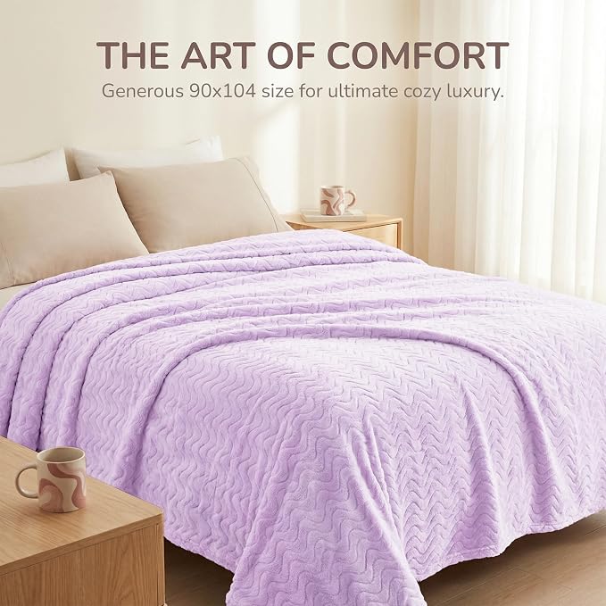 Exclusivo Mezcla Soft Fleece Blanket Queen Size for Bed, Sofa, Lilac Purple | 90"x90" Breathable Lightweight Flannel Blanket for Summer, Plush Cozy Jacquard Wave for Home Decor