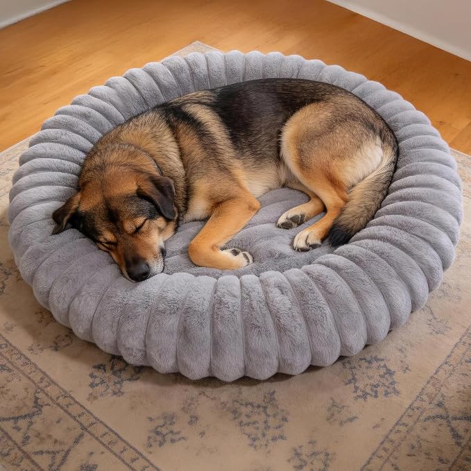 Donut Small Medium Dog Bed Washable Kitty & Puppy Bed,28ins Grey | Comfortable Calming Dog Bed Round Cuddler, Fluffy Faux Rabbit Fur, Anti-Slip Bottom, Anti-Anxiety, for Pets Up to 30 Lbs