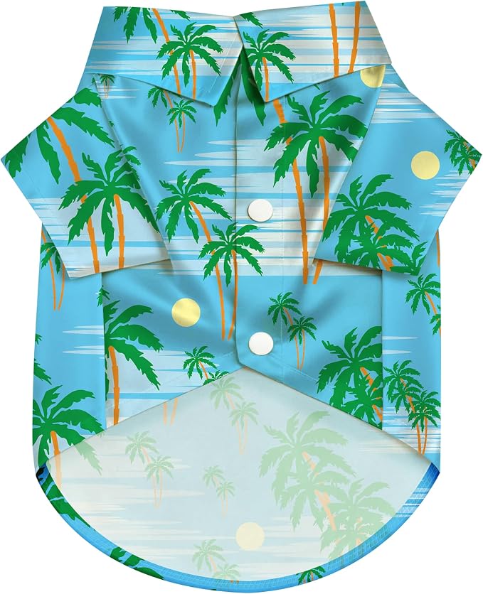 Coconut Tree Hawaii Style Pet Dog T-Shirt, Four-Way Stretch Breathable Light Cool Summer Shirts, Casual Beach Seaside Daily Clothes for Small Size Puppy.Blue L