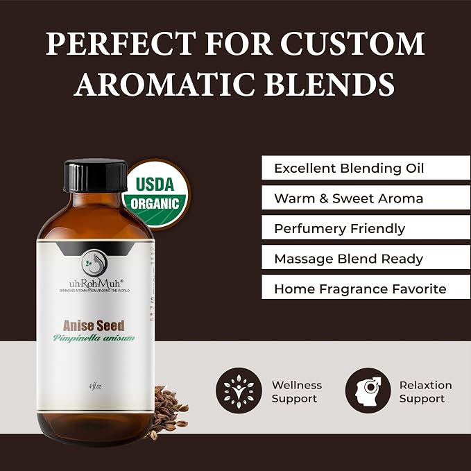 Anise Seed Organic Essential Oil - Steam Distilled Pure Pimpinella Anisum Oil for Aromatherapy, Diffusers, Soap Making, Candle Making, Cosmetic Formulations Massage DIY Personal Care - Spain - 4 Fl Oz