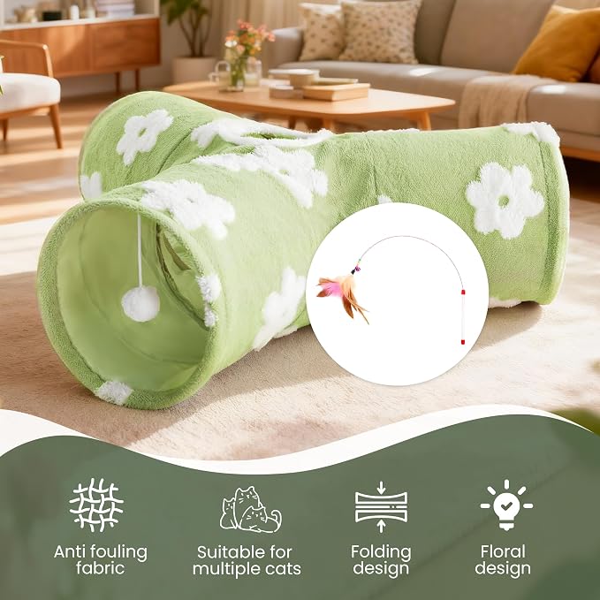 Tempcore Cat Tunnel, 3-Way Collapsible Toy for Indoor Cats, Daisy Green