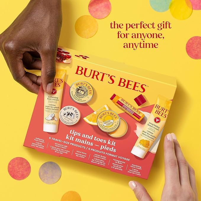 Burt's Bees Mothers Day Gifts Ideas, Tips and Toes Kit, 6 Travel Size Products - Pomegranate Moisturizing Lip Balm, 2 Hand Creams, Foot Cream, Cuticle Cream, and Hand Salve