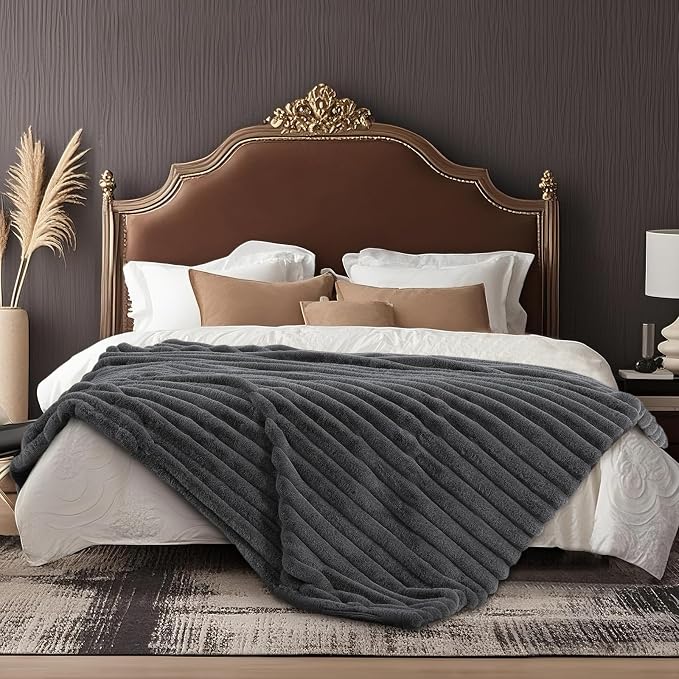 Faux Fur Throw Blanket for Couch, Ultra Cozy Fuzzy Fluffy Fur Luxurious Soft Striped Plush Gift Blankets for Family Sofa Chair Bedroom, 60"x80", Cationic Wolf Gray