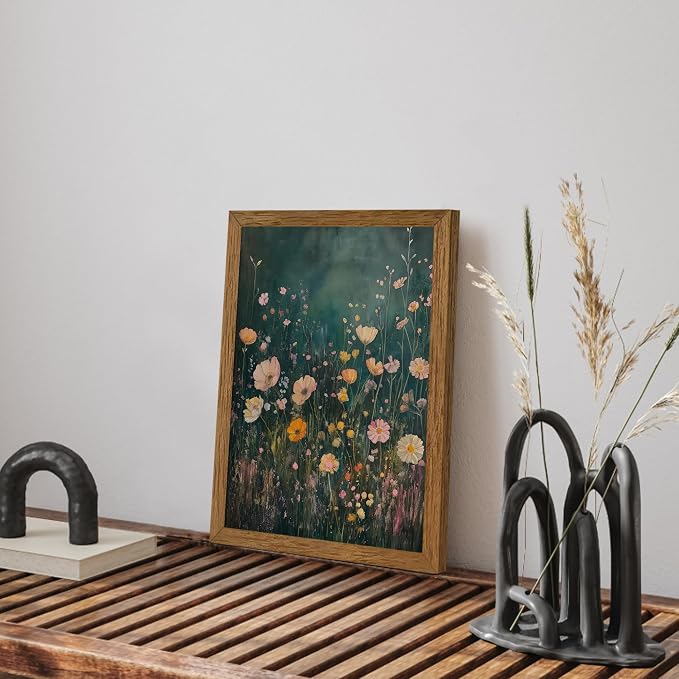 JLTULT Vintage Floral Wall Art, Pink Wood-Framed Canvas, 12 x 16 In | Pink wildflower art on fade-resistant canvas with a ready-to-hang solid wood frame for bathroom, bedroom and farmhouse decor