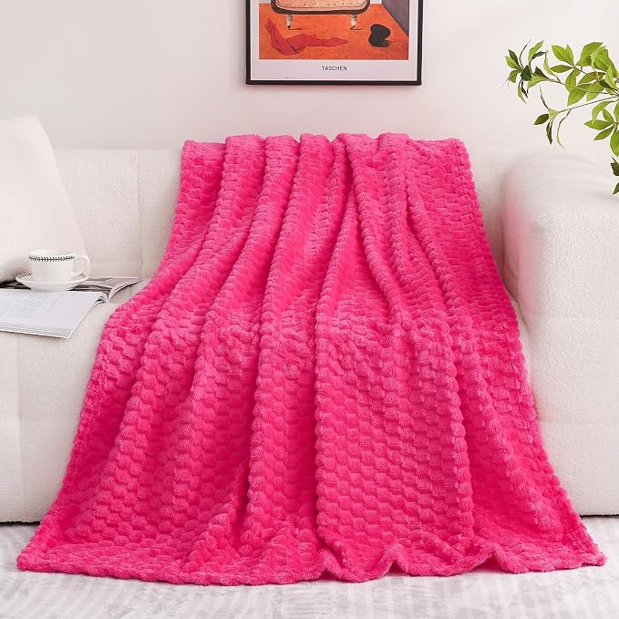 Puncuntex Hot Pink Throw Blanket 50"×60" Gifts for Mom Fuzzy 3D Jacquard | Decorative Flannel Fleece Super Soft Plush Cozy Blanket for Couch Sofa Chair Lightweight