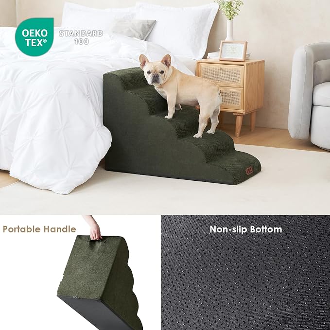 EHEYCIGA Curved Dog Stairs Ramp, 5-Step High Beds, 22.6" H Pet Step | 33D density of pure foam, for Small Dogs and Cats, Pet Stairs for High Bed Climbing, Non-Slip Balanced Indoor, Military Green