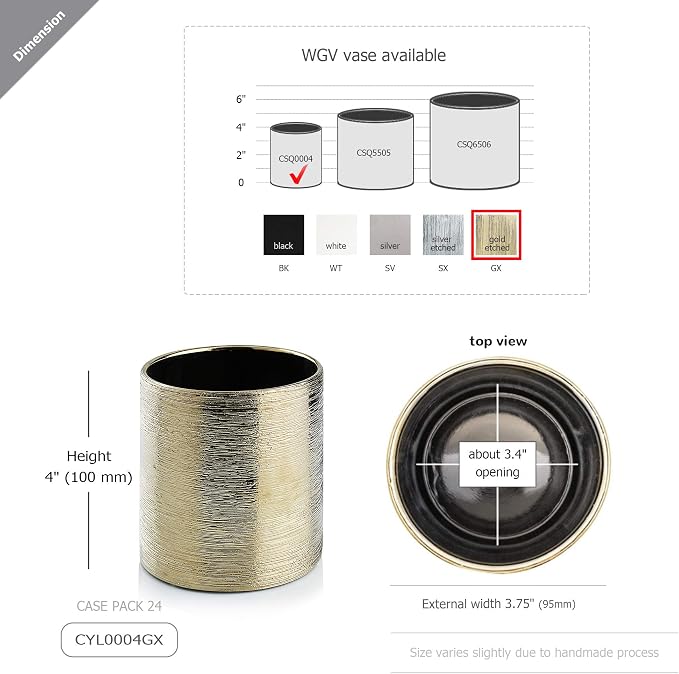 WGVI Gold Etched Ceramic Cylinder Vase Width 3.75" Height 4", Flower Arrangements, Candle Holder, Terrarium Planter Pot, Storage Container Organizer, Pen Brush Holder, Scratched Texture, 24 Pcs