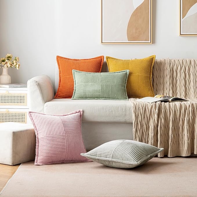 MIULEE Decorative Throw Pillow Covers for Couch 20x20 Inch Pink 2 Pack | Boho Broadside Striped Patchwork Pillow Covers, Soft Corduroy Cushion Cases, For Sofa Bed Livingroom Home Decor