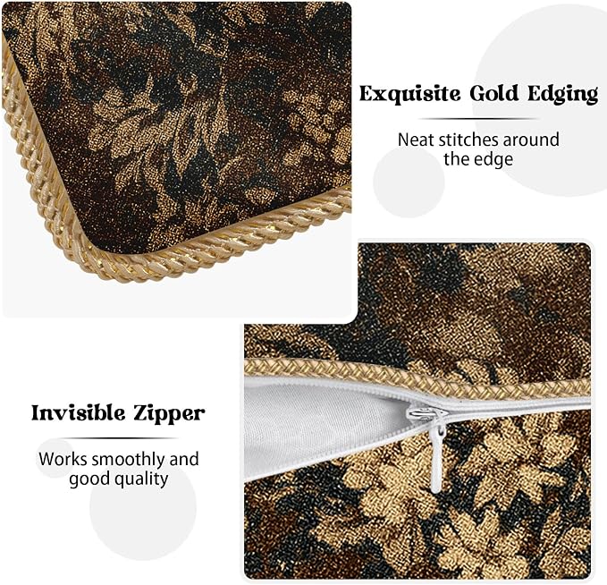 Vintage Dark Brown Flowers Velvet Pillow Covers 16x16 Inch Boho Retro Abstract Floral Throw Pillows for Couch Cushion Covers Pillowcase Bohemian Farmhouse Pillow Cases for Sofa Bed Bedroom